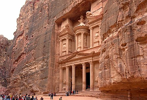 building carved into rock at Petra