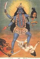 Kali - 19th Century lithograph of Kali by R. Varma. Public Domain.